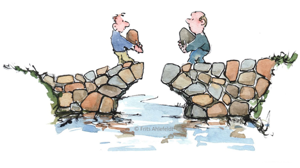 Two cartoon men are building a stone bridge while each stand on one end of the bridge.